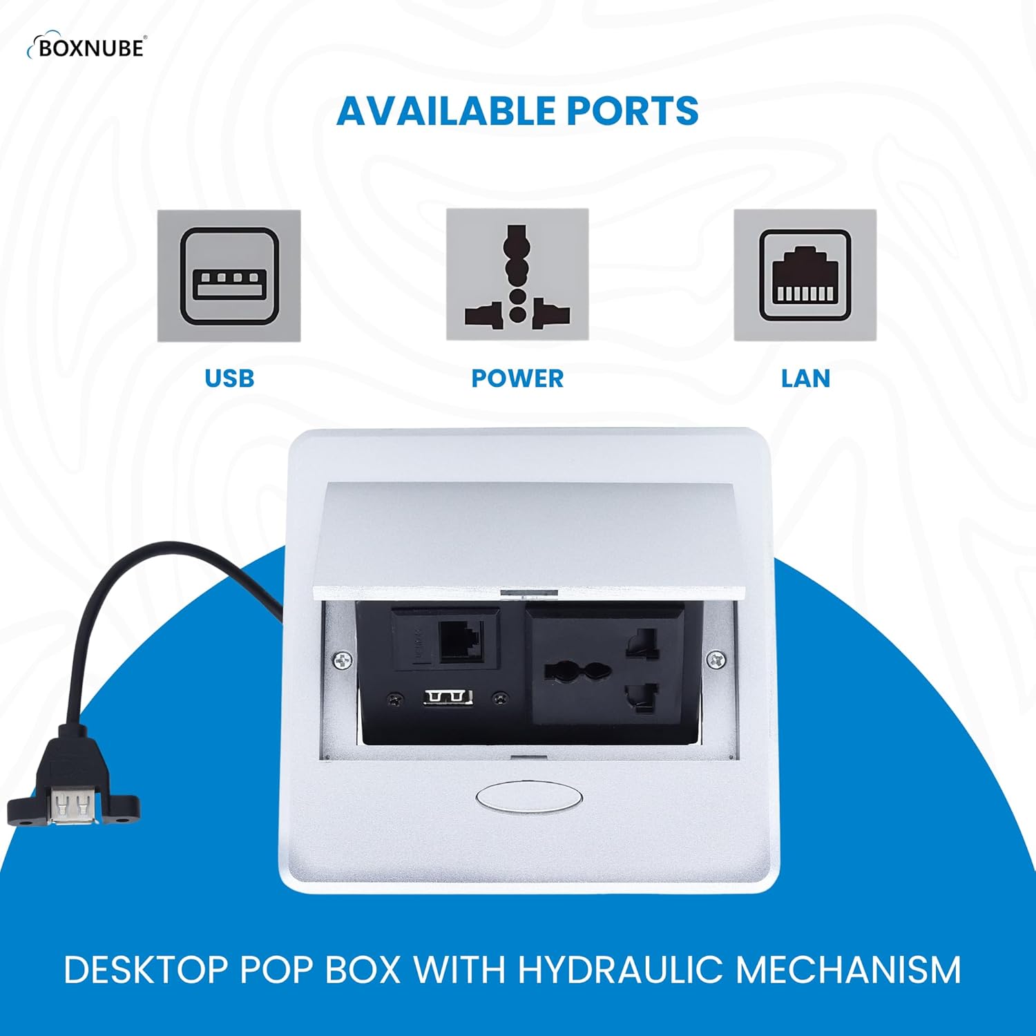 BOXNUBE Hydraulic Pop UP Box Cable Cubby Square Extension Board with 1 x Universal Power Sockets, 1 x Ethernet/LAN, 1 x USB Type A Ports BOXNUBE Hydraulic Pop UP Box Cable Cubby Square Extension Board with 1 x Universal Power Sockets, 1 x Ethernet/LAN, 1 x USB Type A Ports